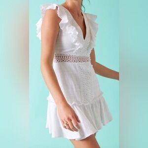 Francescas Audrey Parks Amliah Mini‎ Dress White Eyelet Crochet Ruffle V Neck XL